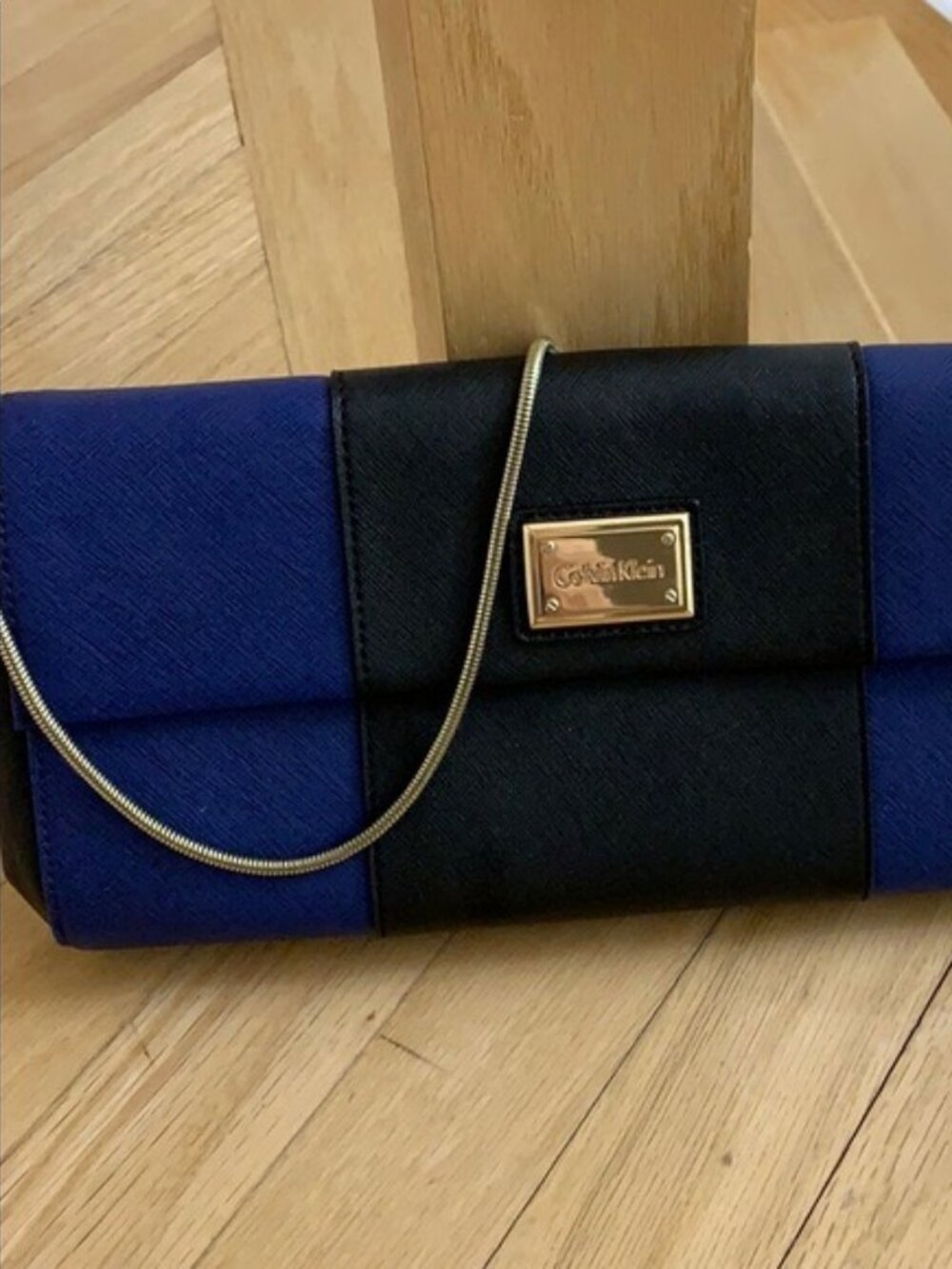 CALVIN KLEIN Black & Blue Color Block Saffiano Leather Shoulder / Clutch Bag